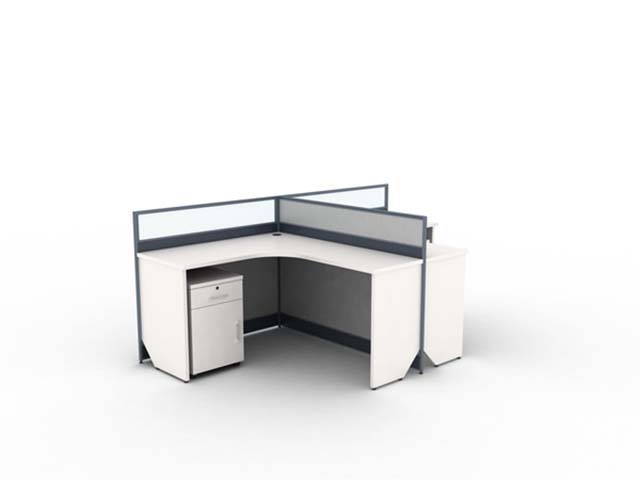 L-Shaped Corner Office Cubicle Workstation with Frosted Glass Privacy Screens and Mobile File Pedestal