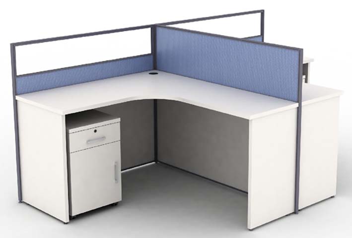 L-Shaped Modular Office Cubicle Workstation with Fabric Privacy Partitions and Lockable Mobile Pedestal