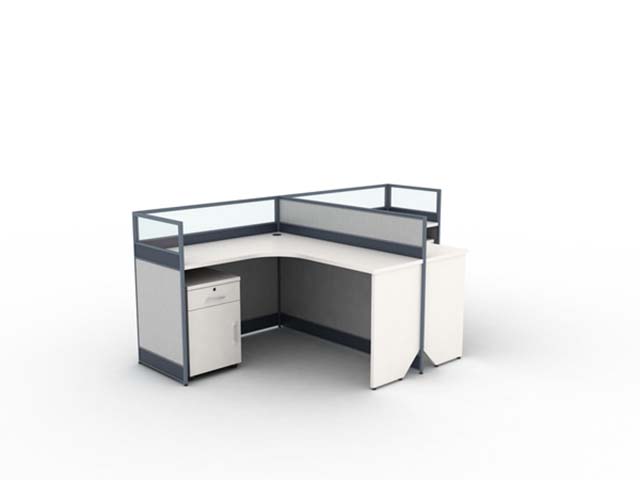 Two-Person L-Shaped Office Cubicle Workstation with Glass Privacy Partitions and Mobile Storage Pedestal