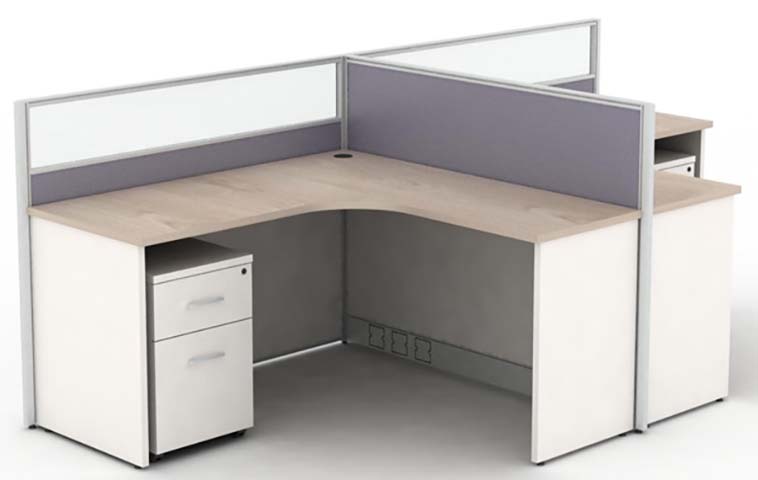 Modular L-Shaped Corner Office Cubicle Workstation with Mobile Pedestal and Glass-Fabric Partitions