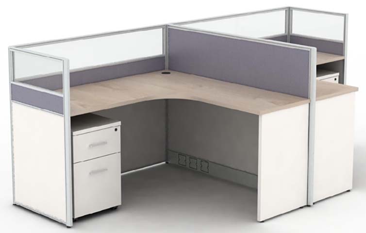 L-Shaped Corner Office Cubicle Workstation with Glass-Fabric Partitions and Mobile Pedestal