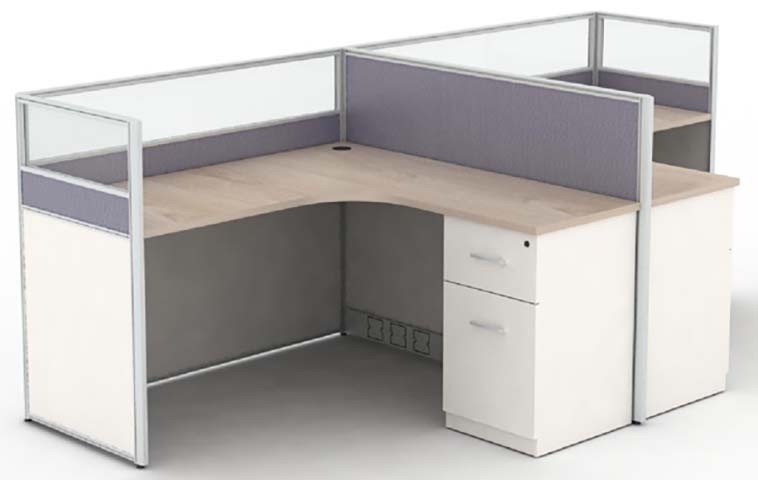 L-Shaped Modular Office Cubicle Workstation with Frosted Glass Fabric Partition and Fixed 2-Drawer Pedestal
