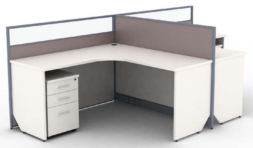 Modular L-Shaped Corner Office Cubicle Workstation with Frosted Glass Privacy Partition and 3-Drawer Mobile Pedestal