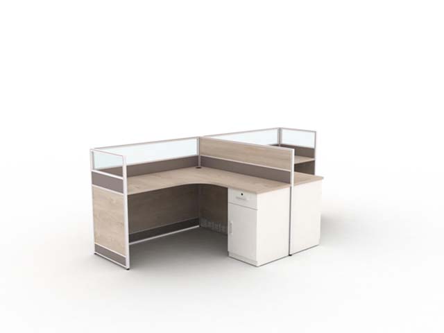 Two-Person L-Shaped Modular Office Cubicle Workstation with Glass Privacy Dividers and Integrated Storage