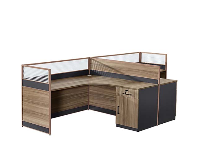 2-Person L-Shaped Office Cubicle Workstation with Frosted Glass Dividers and Integrated Storage