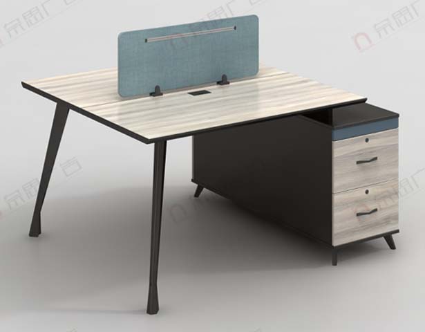 2-Person Side-by-Side Office Workstation Desk with Blue Fabric Divider and Lockable 2-Drawer Side Pedestal
