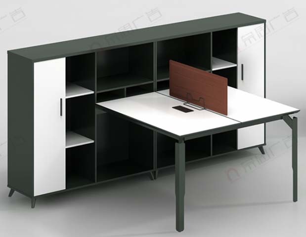 Two-Person Office Staff Workstation Desk with Integrated Full-Length Rear Storage Cabinet