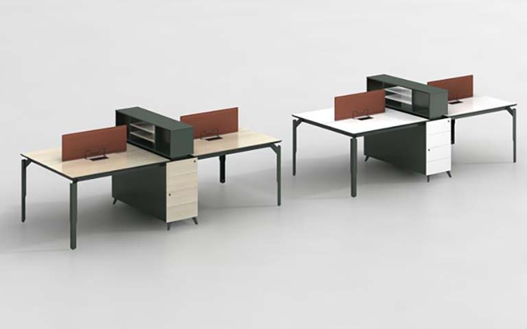 2-Person Face-to-Face Modular Office Bench Workstation with Divider, Central Shelf and Under-Desk Pedestal