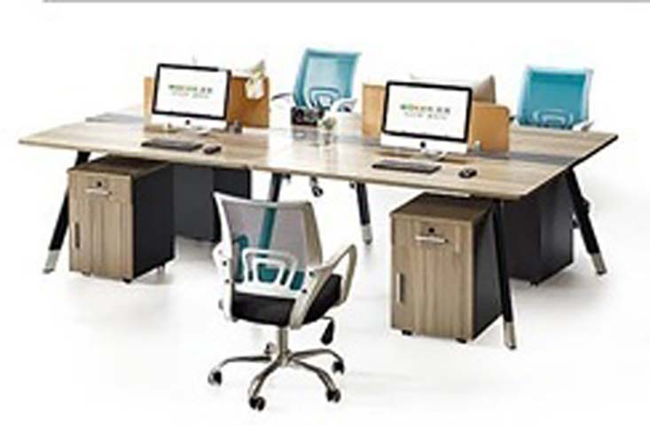 4-Person Light Wood Open Office Workstation Cluster with Low Dividers and Mobile Pedestals