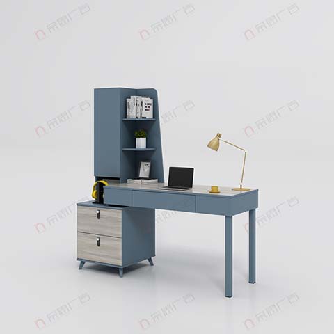 Blue Integrated Desk with Tall Bookshelf and Lockable Side Drawer Cabinet