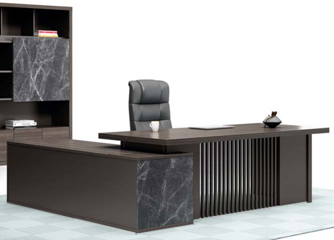 Dark Wood Veneer L-Shaped Executive Desk with Marble Accent and Slat Modesty Panel