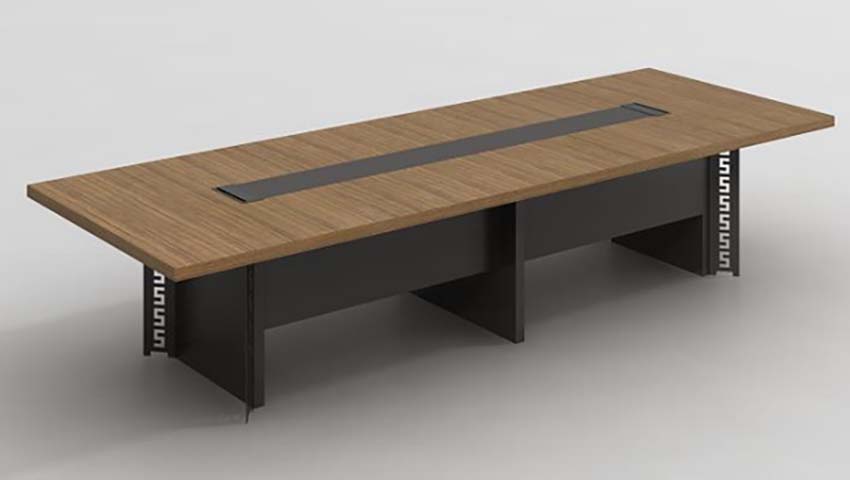 10-Seat Rectangular Woodgrain Conference Table with Central Cable Raceway and Greek Key Accent Bases