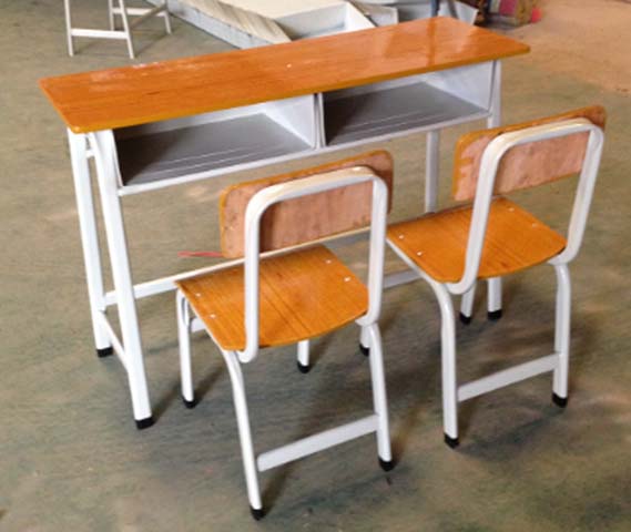 Fixed Double Student Classroom Desk and Chair Set with Under-Desk Book Storage