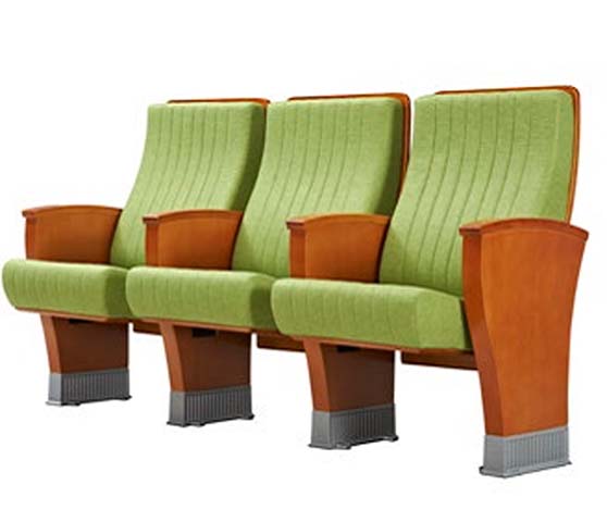 3-Seat Fixed Floor-Mounted Auditorium Seating with Wood Armrests, Green Channel-Upholstered Seats