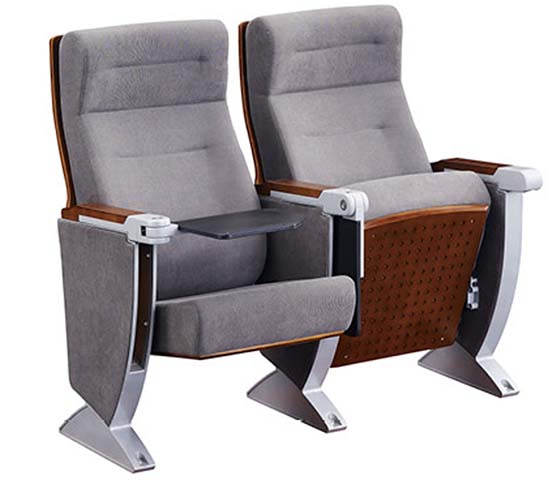 Ganged Floor-Mounted Gray Fabric Auditorium Seating with Swing-Out Writing Tablet