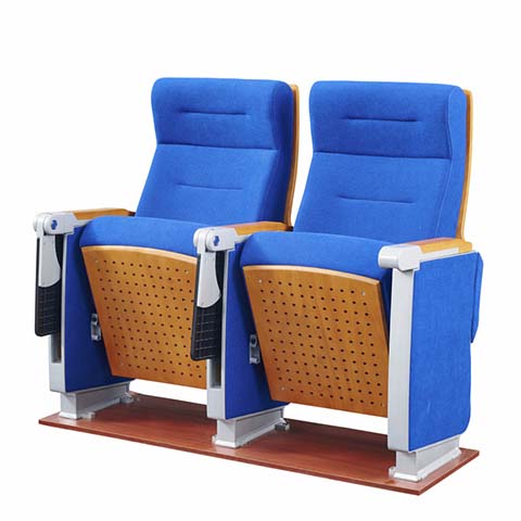Two-Seat Fixed Auditorium Chair with Folding Seats and Perforated Wood Panels