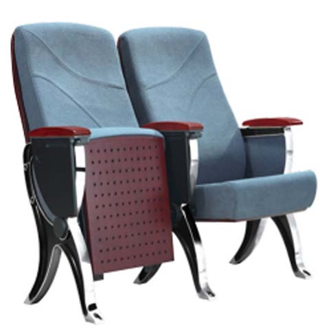 Ganged Fixed-Row Blue Fabric Auditorium Chair with Perforated Fold-Down Writing Tablet