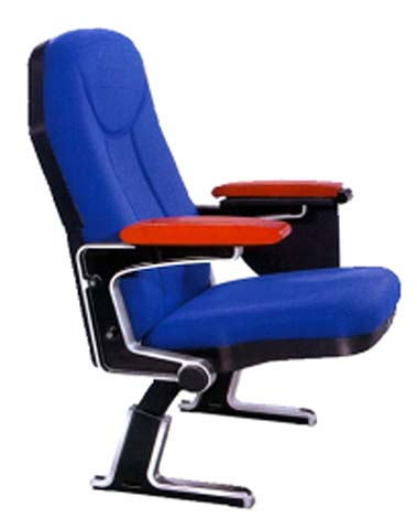Fixed Ganged Floor-Mounted Auditorium Chair with Blue Fabric Upholstery and Wood-Effect Armrests