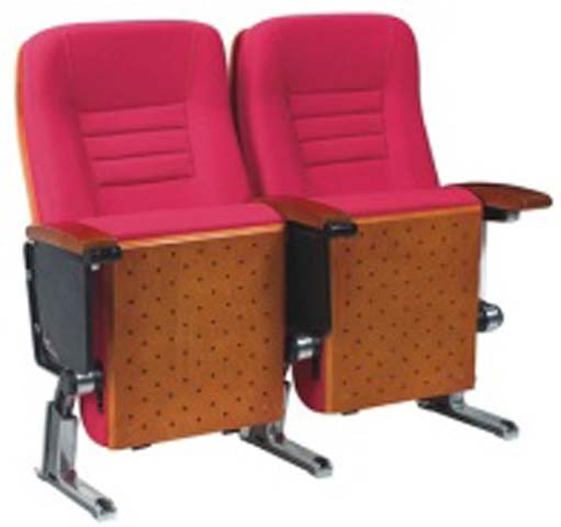 2-Seat Ganged Red Fabric Auditorium Seating with Pull-Out Writing Tablets and Perforated Wood Modesty Panels
