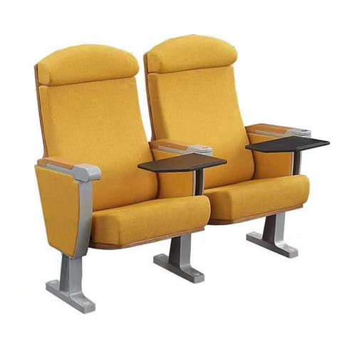 2-Seat Ganged Fixed Floor-Mounted Auditorium Chair with Stowable Writing Tablet, Mustard Yellow Fabric