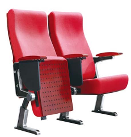 Ganged Red Fabric Auditorium Chair with Folding Perforated Writing Tablet