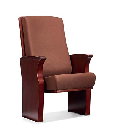 Mahogany Finish Solid Wood Frame Brown Fabric Upholstered Fixed Auditorium Chair
