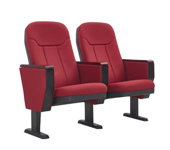 Two-Seat Ganged Red Fabric Floor-Mounted Auditorium Chair with Wood Armrests