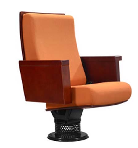 Fabric Upholstered Fixed Auditorium Chair with Wooden Armrests and Pedestal Base