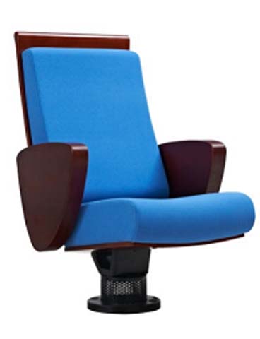 Fixed Floor-Mounted Auditorium Chair with Blue Fabric Upholstery and Wood Armrests