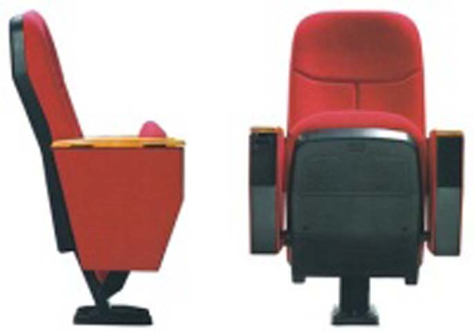 Red Fabric Tip-Up Auditorium Chair with Wood Armrests, Single Pedestal Floor Mount