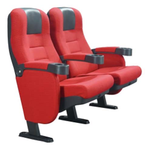 2-Seat Ganged Fixed Cinema Auditorium Seating with Cup Holders, Tip-Up Red Upholstered Seats