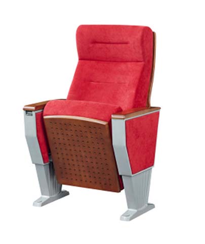 Red Fabric Fixed Floor-Mounted Auditorium Chair with Wood Trim and Aluminum Legs