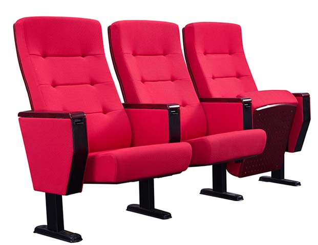3-Seat Ganged Red Fabric Tufted Auditorium Seating with Dark Wood Armrests
