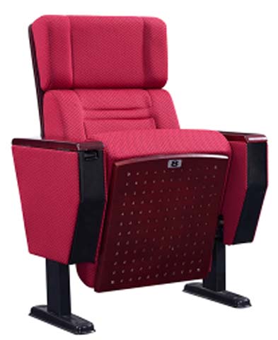 Fixed Floor-Mounted Burgundy Fabric Auditorium Chair with Dark Wood Armrests