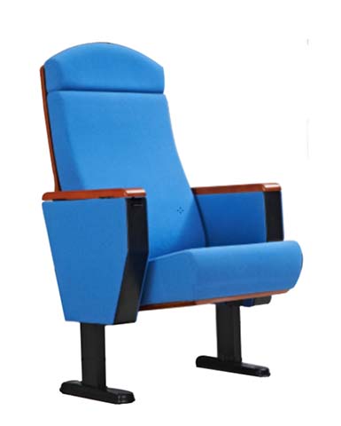 Blue Fabric Fixed Floor-Mounted Auditorium Chair with Wooden Armrest Caps