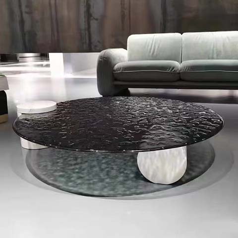 Modern Two-Tier Round Nesting Coffee Table with Rippled Dark Glass Top