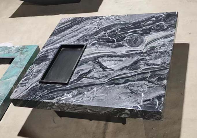 Square Dark Veined Natural Stone Coffee Table with Embedded Recessed Tray