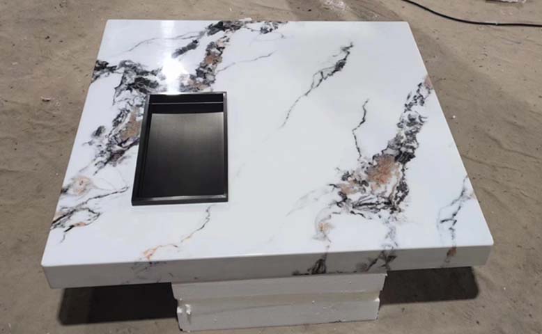 Square Panda Marble-Effect Pedestal Coffee Table with Recessed Black Metal Inlay