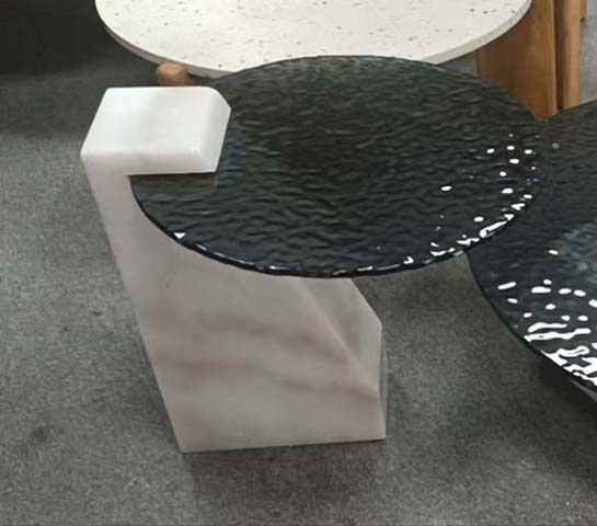 Modern Nested Round Coffee Table with Textured Black Glass Top and Sculptural White Stone Base