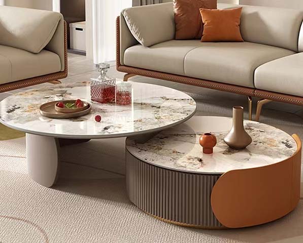 2-Piece Round Nesting Coffee Table Set with Stone Pattern Tops, Fluted Terracotta Accent Base