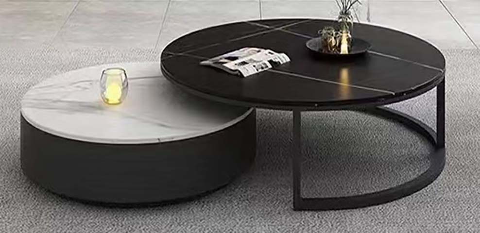 Modern Rotating Nested Round Coffee Table Set, Black Metal Frame with White Stone Top
