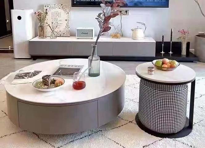 Two-Piece Round Nesting Coffee Table Set with Storage and Houndstooth Detail