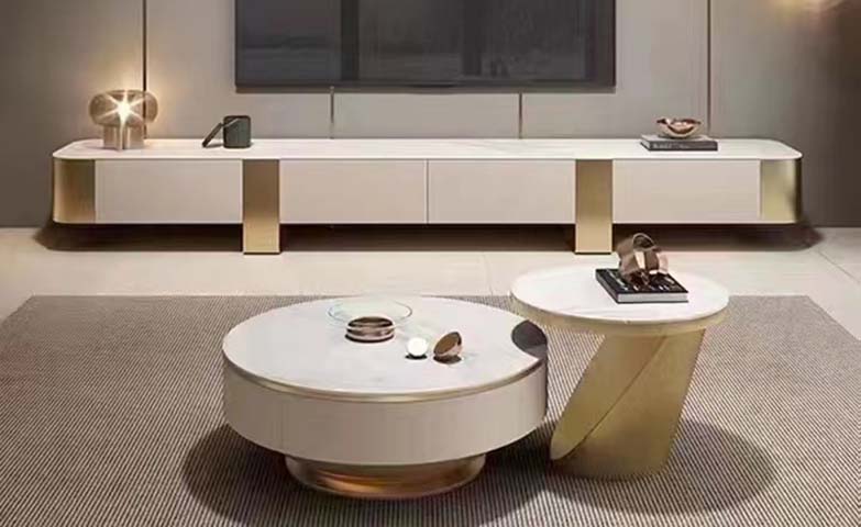 Modern Light Luxury 3-Piece Living Room Set: 4-Drawer TV Media Console and Round Nesting Coffee Tables