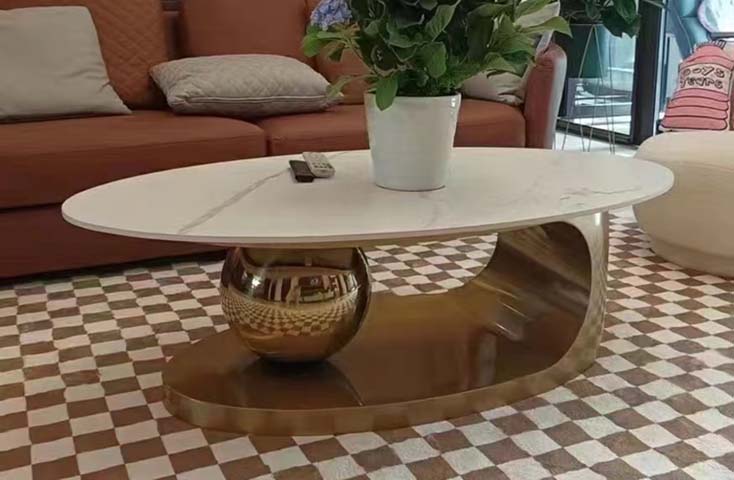 Oval Coffee Table with White Marble Vein Top and Polished Gold Metal Base