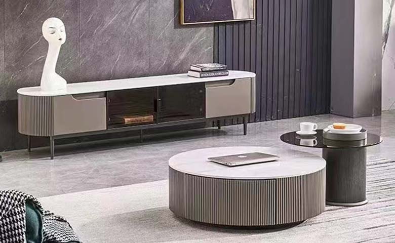 Modern Low-Profile TV Media Console with Rounded End Caps, Fluted Panels, Sintered Stone Top and Metal Legs