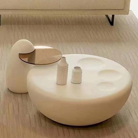 Matte Cream Pebble Nesting Coffee Table Set with Glass Side Table