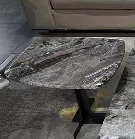 Rounded Rectangle Dark Veined Stone Top Coffee Table with Black T-Base