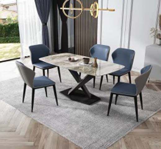 6-Seater Rectangular Polished Sintered Stone Dining Table with Black X-Shaped Metal Base