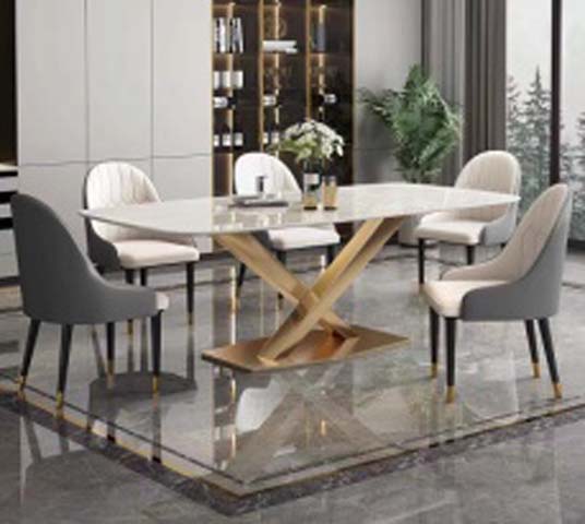 Rectangular Glossy Light Stone Dining Table with Brushed Gold X-Shaped Metal Base