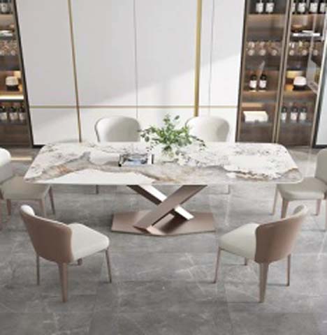 Modern Rectangular Marble-Pattern Dining Table with X-Shaped Bronze Metal Base
